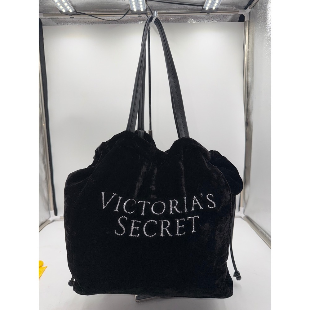 Victoria's Secret Black Velvet Studded Logo Drawstring Tote Bag